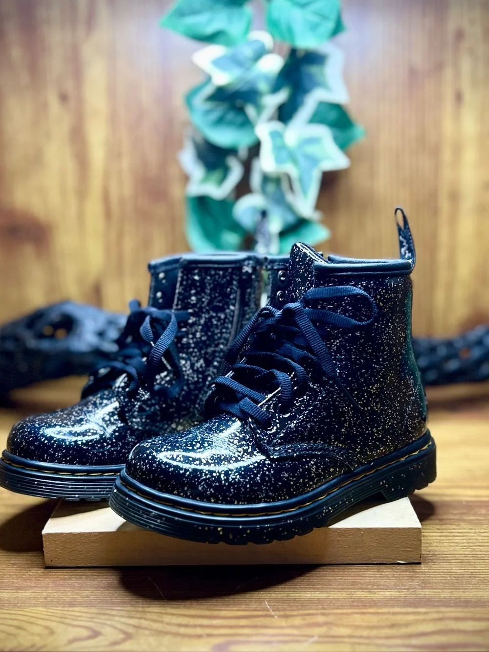 Dr. Martens Kids Black Glitter Combat Boots